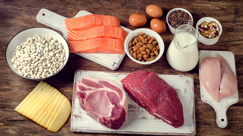 High protein raw foods like beef, chicken, eggs, cheese, nuts, milk, beans.