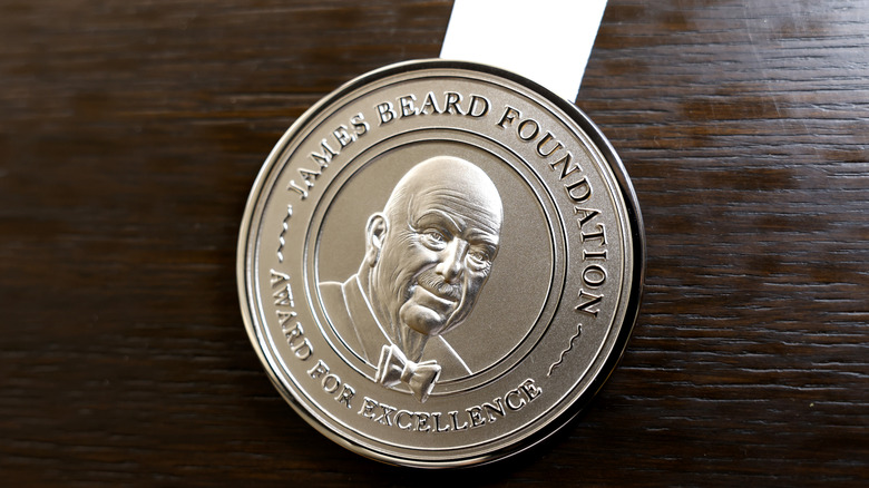 The James Beard Award on display at a media event