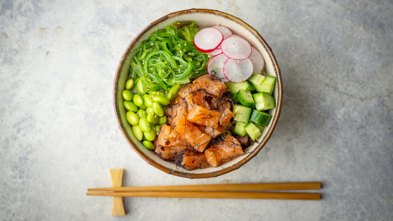 A poke bowl overhead shot