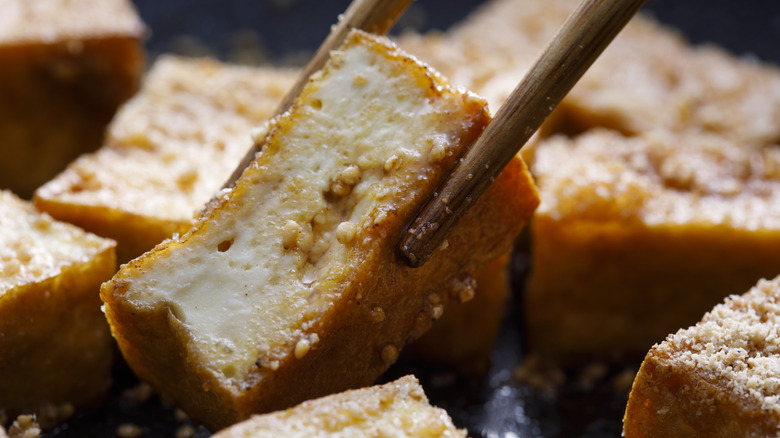 Close up of chopsticks holding saucy fried tofu pieces