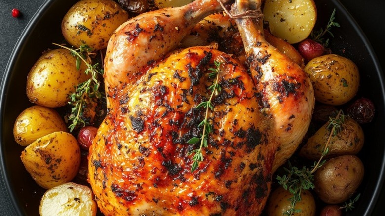 Whole roasted chicken and potatoes in pan with sprigs of thyme