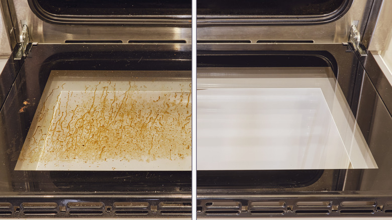 Side by side of a dirty and clean oven door
