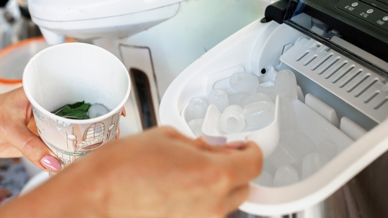 Person scooping ice from countertop ice maker