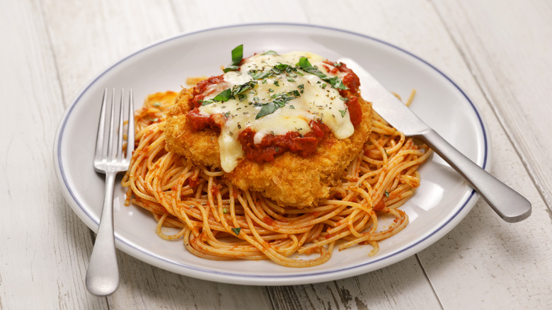 Chicken parm on spaghetti
