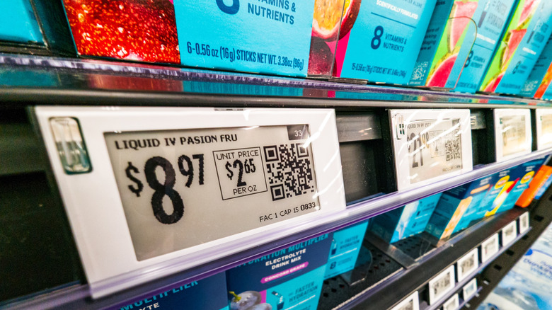 Electronic shelf labeling at a grocery store, showing pricing for Liquid IV