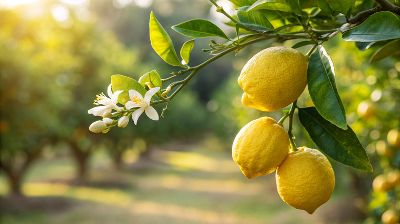 Three lemons hanging from a tree with sunlight filling the space