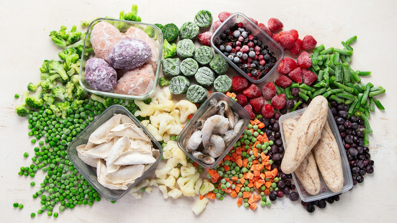Frozen fruits, vegetables, meats, and bread in boxes and loose