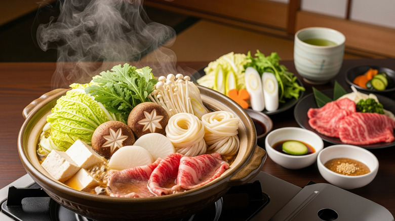 Japanese hot pot with various meats vegetables and dipping sauces in the pot and on plates alongside the pot