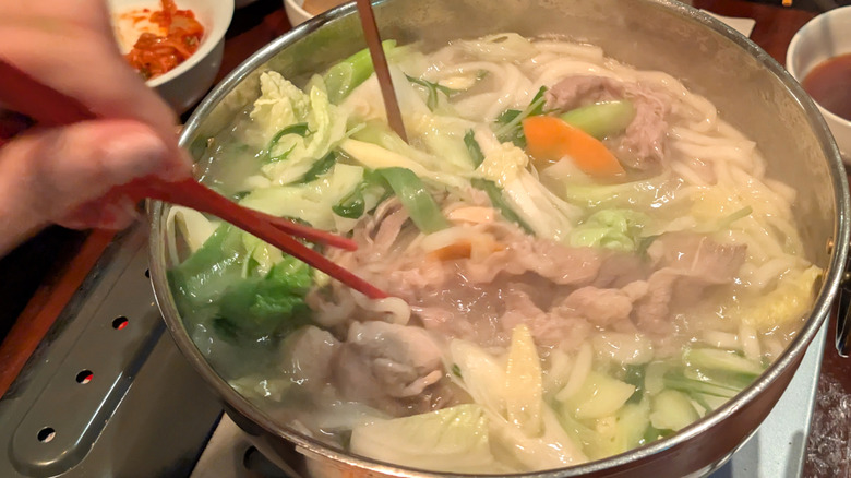 Japanese hot pot with various meats and vegetables