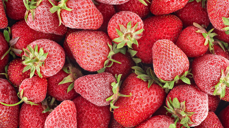 Close up of whole frozen strawberries