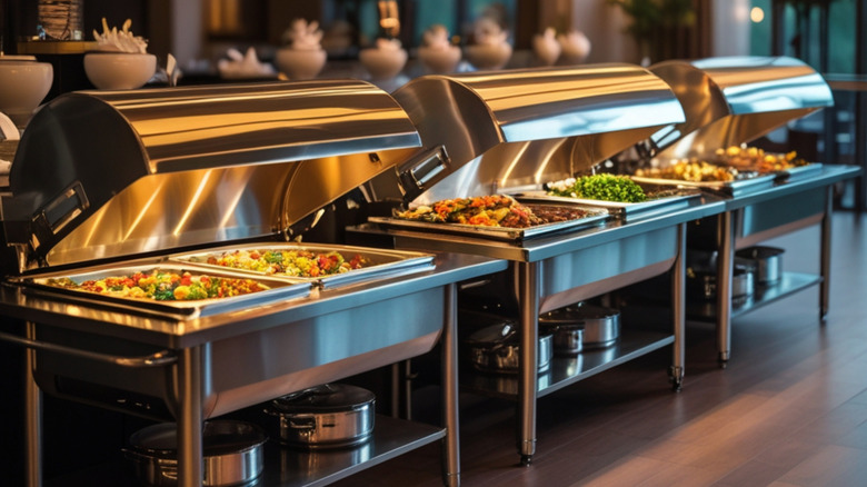 Six steel buffet trays at a high-end restaurant.