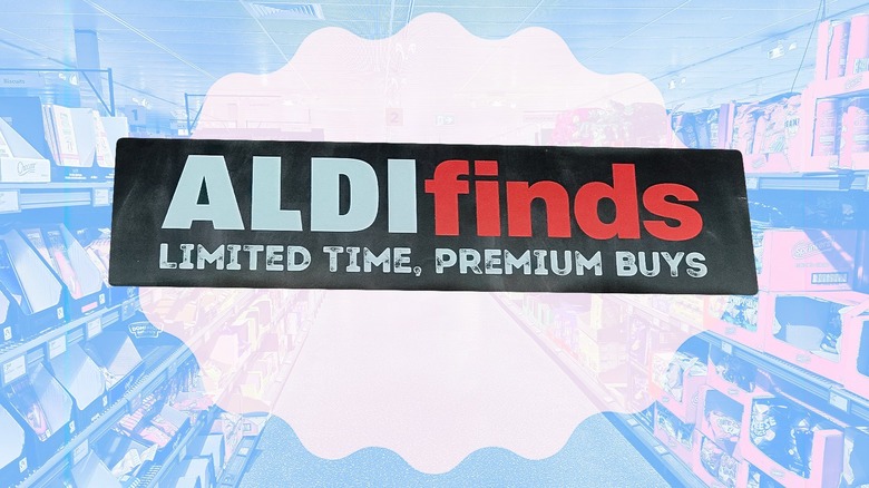 Aldi Finds sign with blurred aisle in background