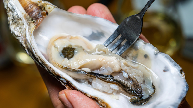 A person elegantly eating oysters with her hands and a fork