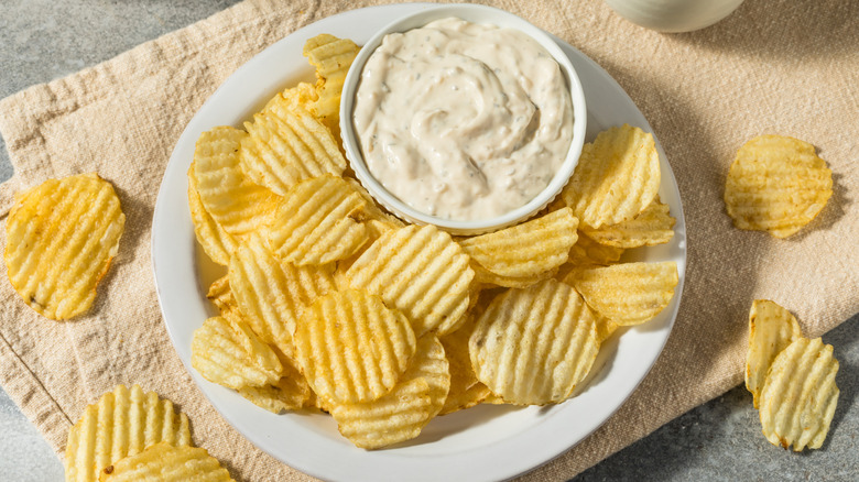 french onion dip with ridged potato chips