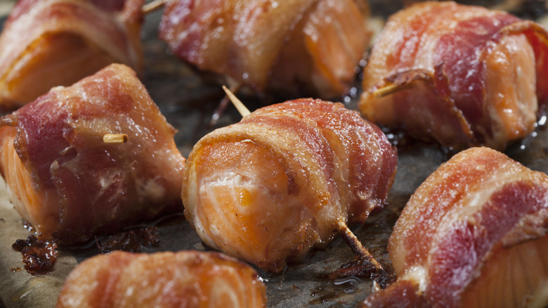 Bacon Wrapped Salmon Bites on a Baking Tray, Toaster Oven Cooking, Tooth Pick
