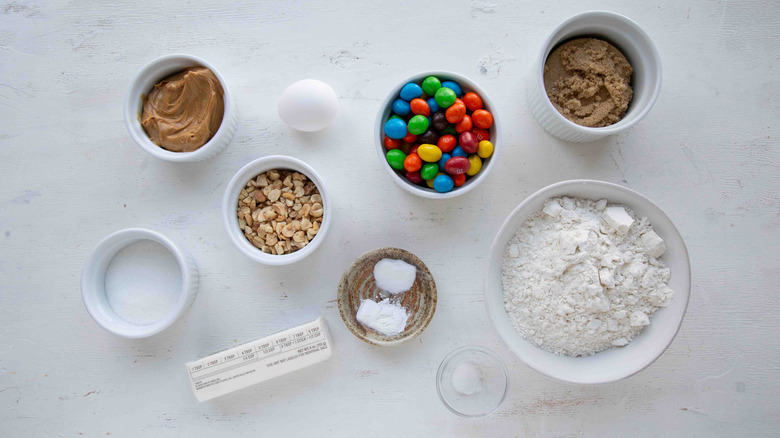 baking ingredients, peanut buter, peanuts, and M&M's