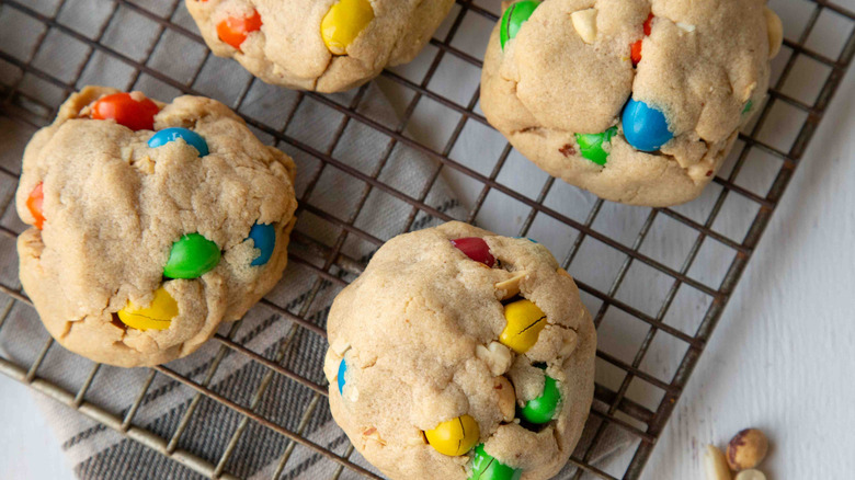 M&M's cookies on a wire rack