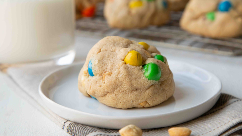 M&M cookie on white plate
