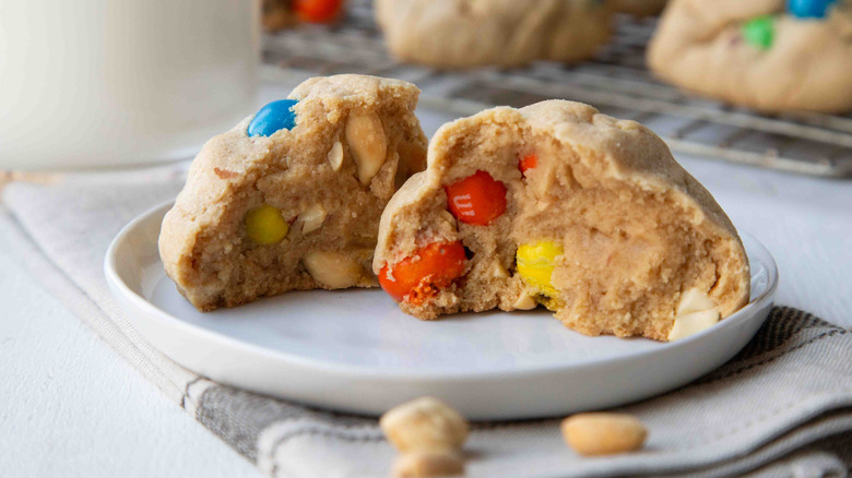 M&M's cookie halves on a white plate