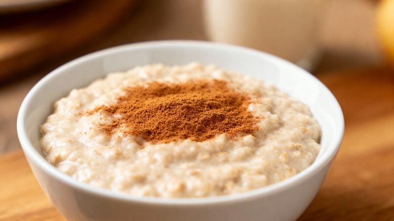 A hot bowl of creamy oatmeal topped with a generous sprinkle of ground cinnamon.