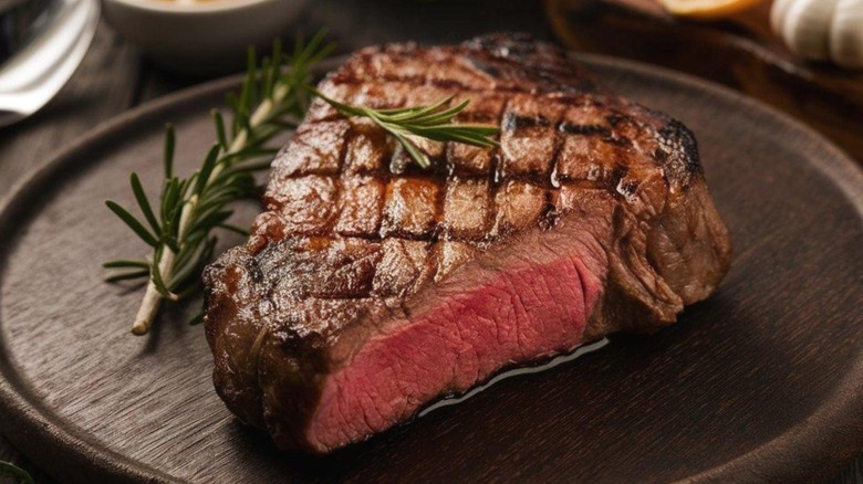 A steak on a plate at a fancy-looking table.