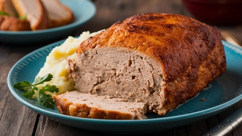 Turkey meatloaf on a blue plate