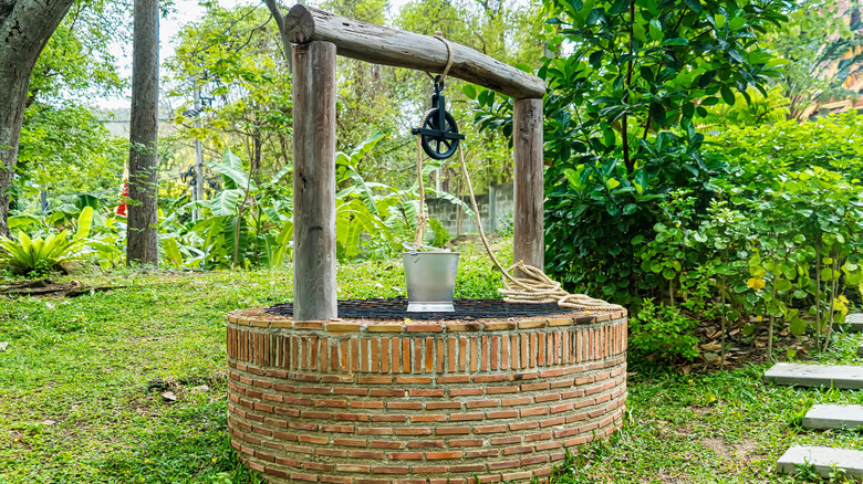 A rustic brick water well surrounded by lush green foliage