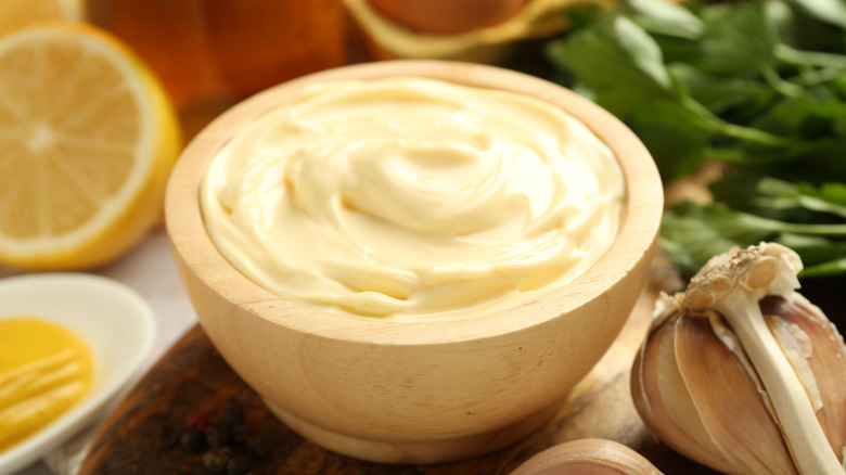 A bowl of perfect mayonnaise with garlic and lemon