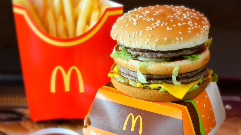 A Big Mac sitting on top of its box with a full french fry container in the background