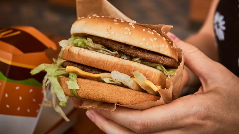 Close up of a hand holding a Big Mac