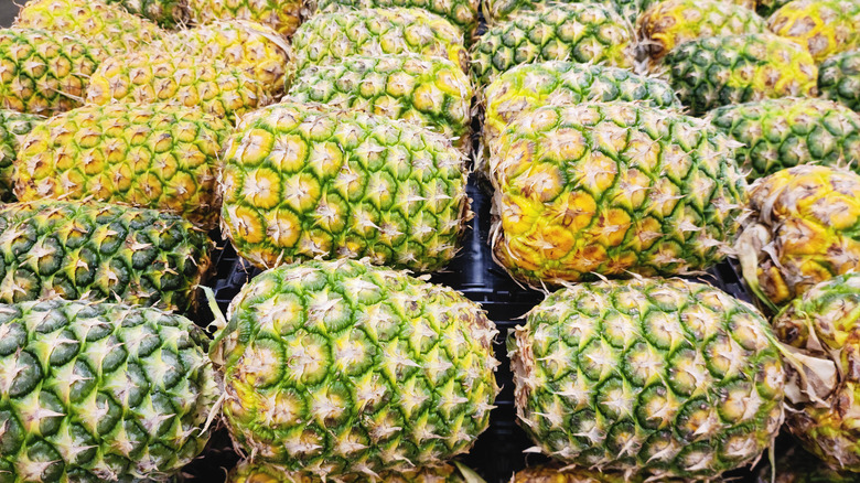 Rows of fresh whole pineapples at a market