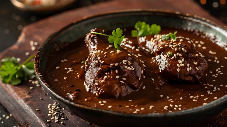 Chicken with mole sauce, sesame seeds, and fresh herbs