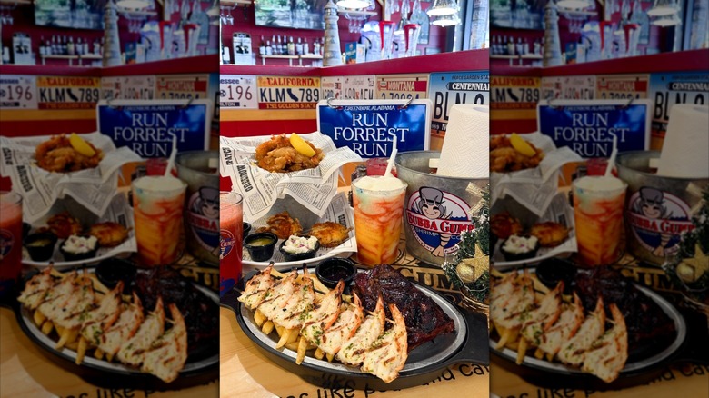 Plates of food on Bubba Gump Shrimp Co. table