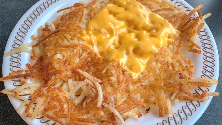 A plate of hash browns with cheese from Waffle House