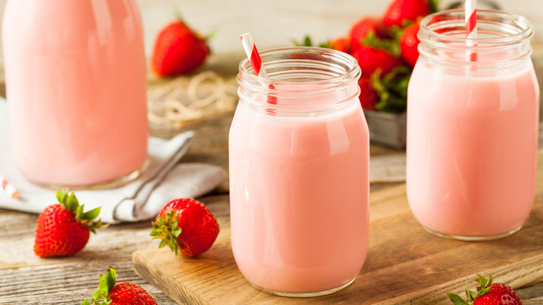 Jars of strawberry milk