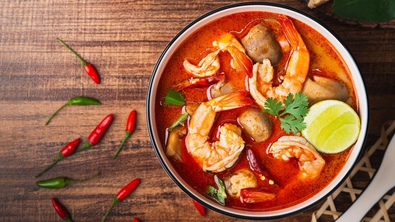 Spicy Thai tom yum soup with shrimp