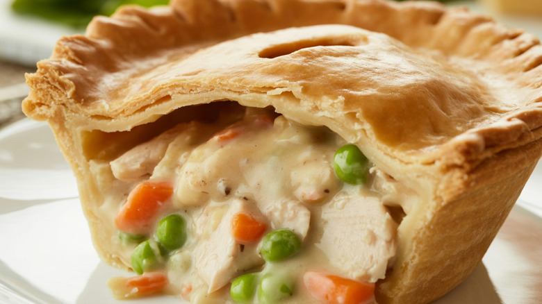Chicken pot pie on a white plate cut open to show a filling of chicken, carrots, peas, and gravy.