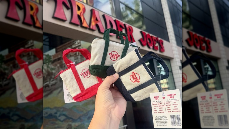 Trader Joe's micro totes in red, green, and navy