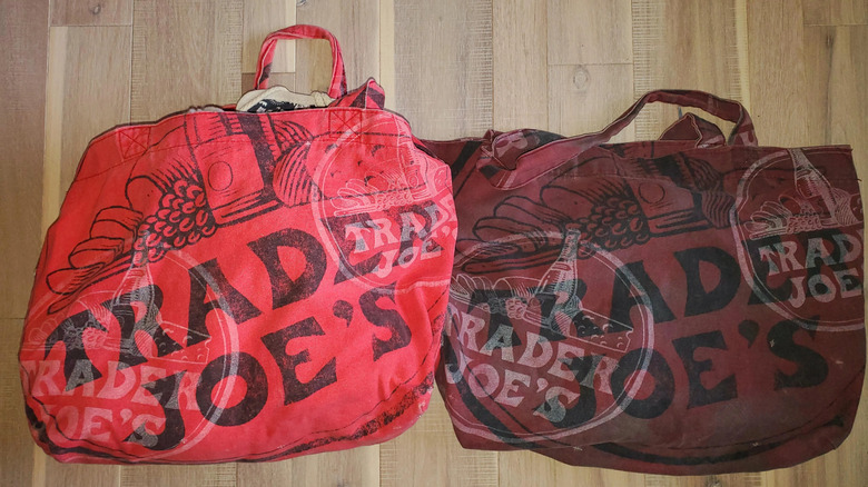 Red and maroon Trader Joe's canvas tote bags