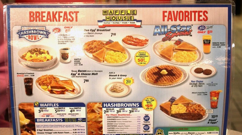 Waffle House menu with hash browns and other signature items