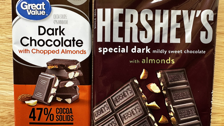 Great Value Dark Chocolate with Chopped Almond Bar and Hershey's Special Dark with Almonds bar