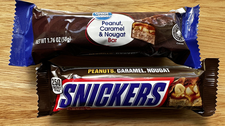 Great Value Peanut, Caramel, and Nougat Bar and Snickers bar