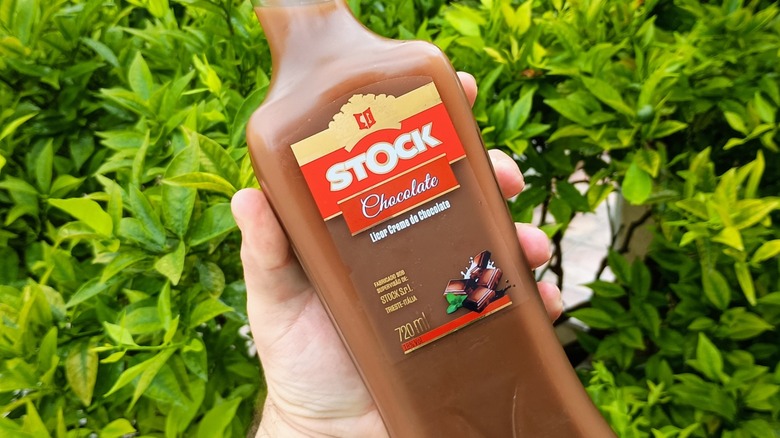 Hand holding a bottle of Stock Chocolate liqueur.