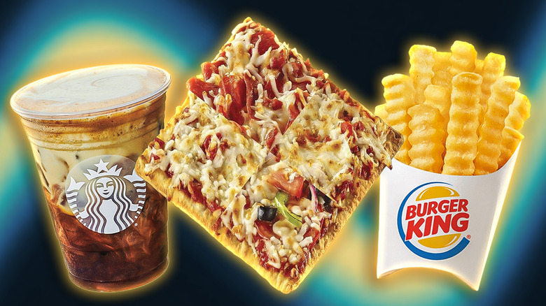 Starbucks drink, square pizza, and crinkle cut fries from Burger King isolated against a stylized background
