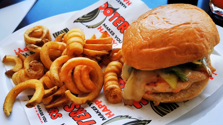 A sandwich and fries from Hooters