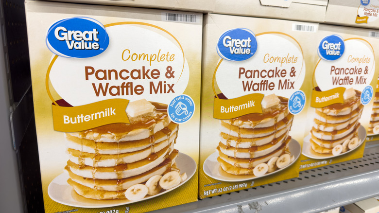 pancake mix boxes on shelf