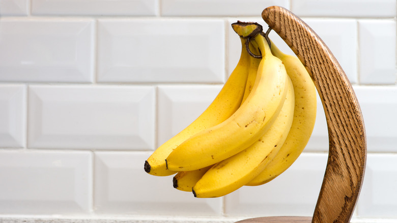bananas hanging over kitchen counter