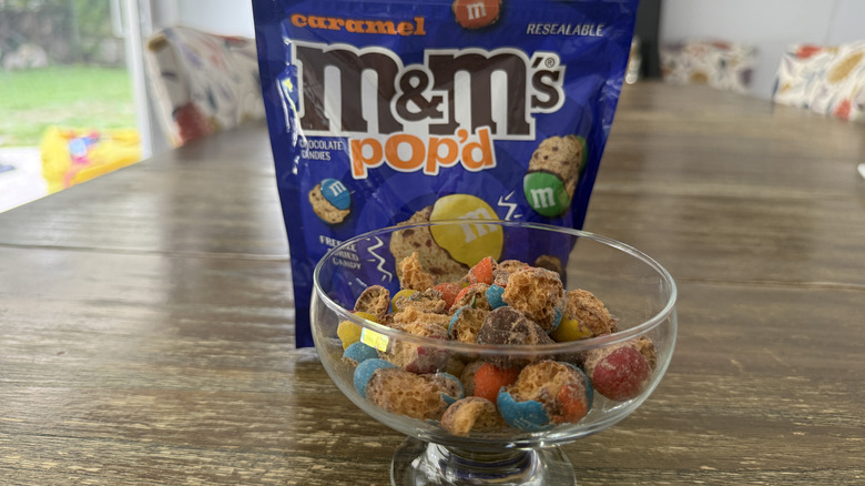 M&M's Pop'd in glass bowl on wooden table