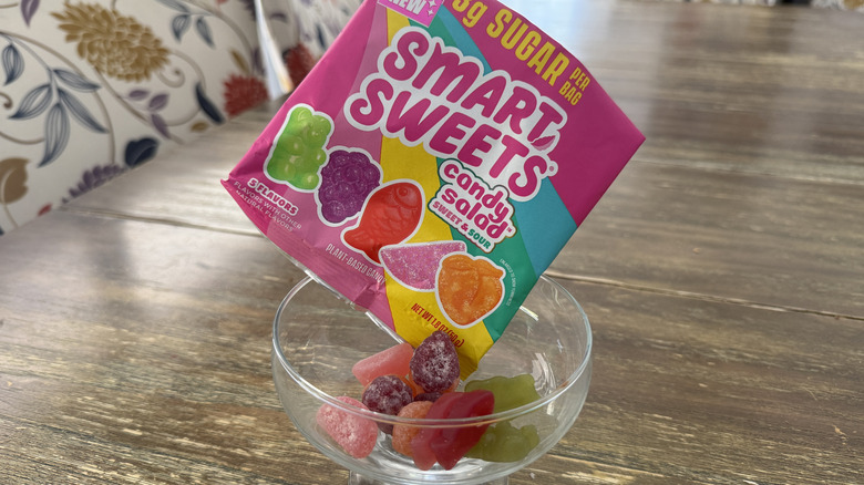 SmartSweets Candy Salad in glass bowl in wooden table