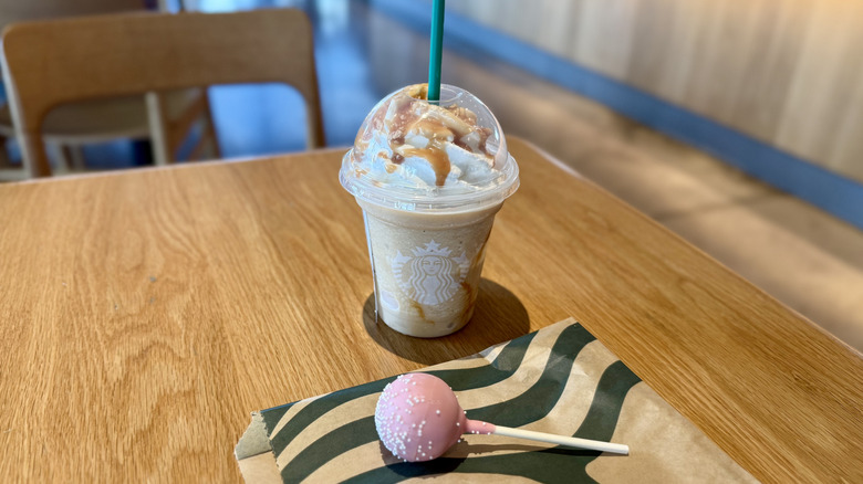 Caramel Ribbon Crunch Frappuccino with a Birthday Cake Pop